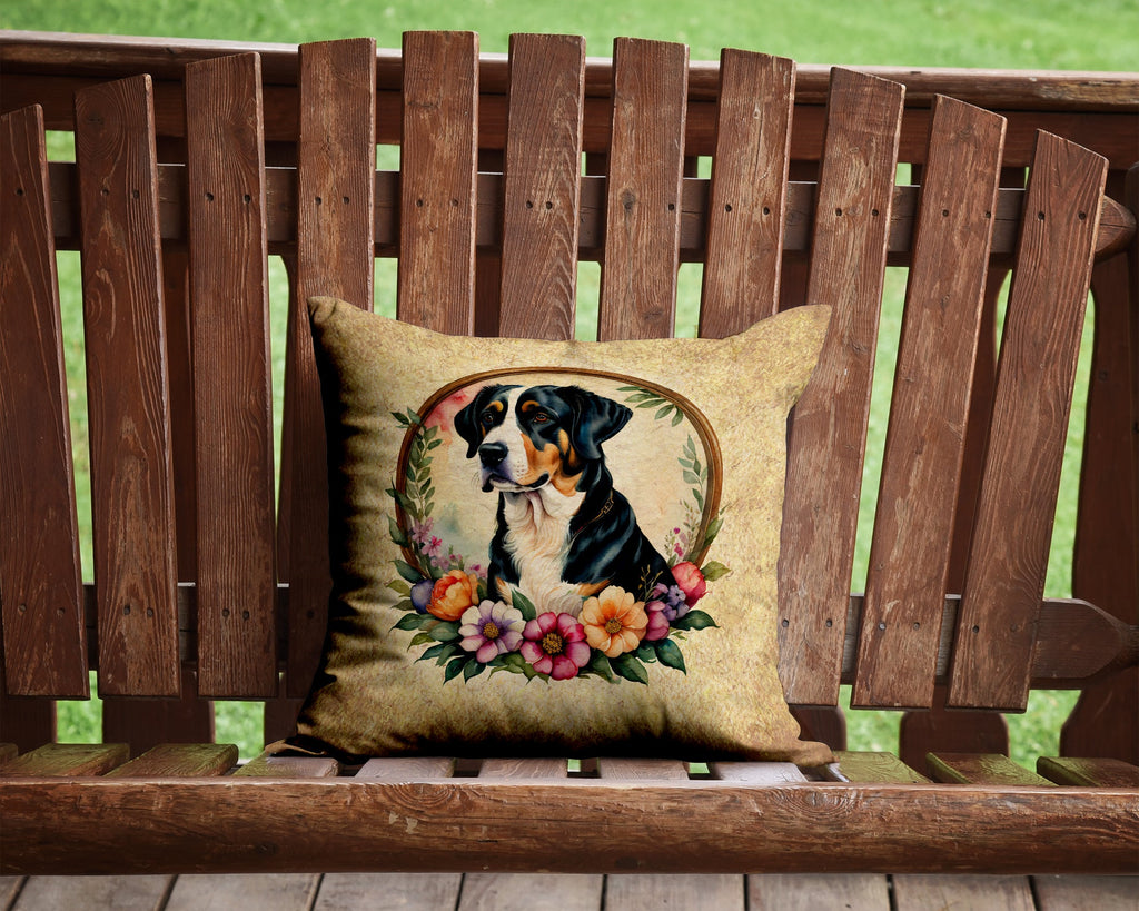 Greater Swiss Mountain Dog and Flowers Decorative Throw Pillow 14x14 Indoor Outdoor Accent Cushion, Fabric Cover with Insert for Sofa, Bed, Porch & Living Room