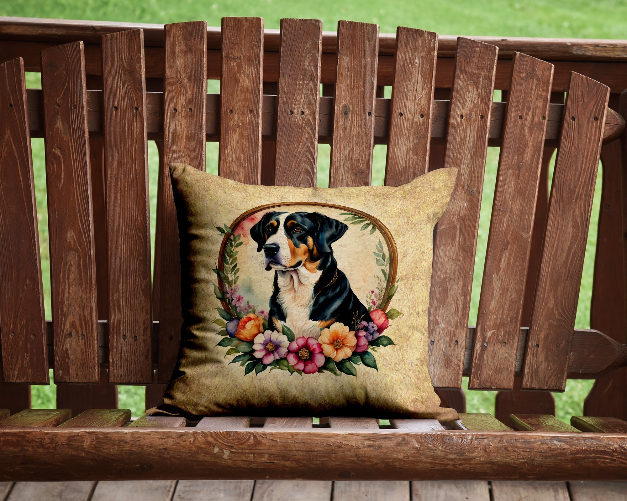 Greater Swiss Mountain Dog and Flowers Decorative Throw Pillow 14x14 Indoor Outdoor Accent Cushion, Fabric Cover with Insert for Sofa, Bed, Porch & Living Room