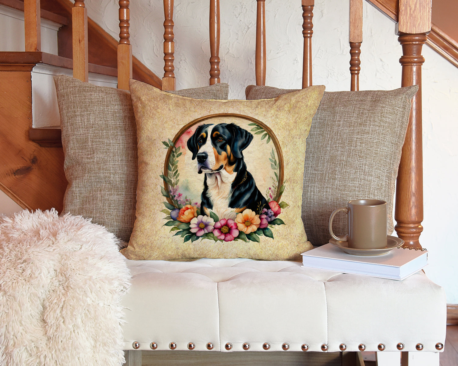 Greater Swiss Mountain Dog and Flowers Decorative Throw Pillow 14x14 Indoor Outdoor Accent Cushion, Fabric Cover with Insert for Sofa, Bed, Porch & Living Room