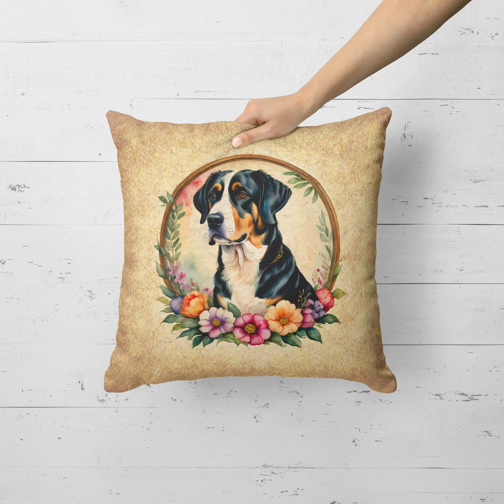 Greater Swiss Mountain Dog and Flowers Decorative Throw Pillow 18x18 Indoor Outdoor Accent Cushion, Fabric Cover with Insert for Sofa, Bed, Porch & Living Room