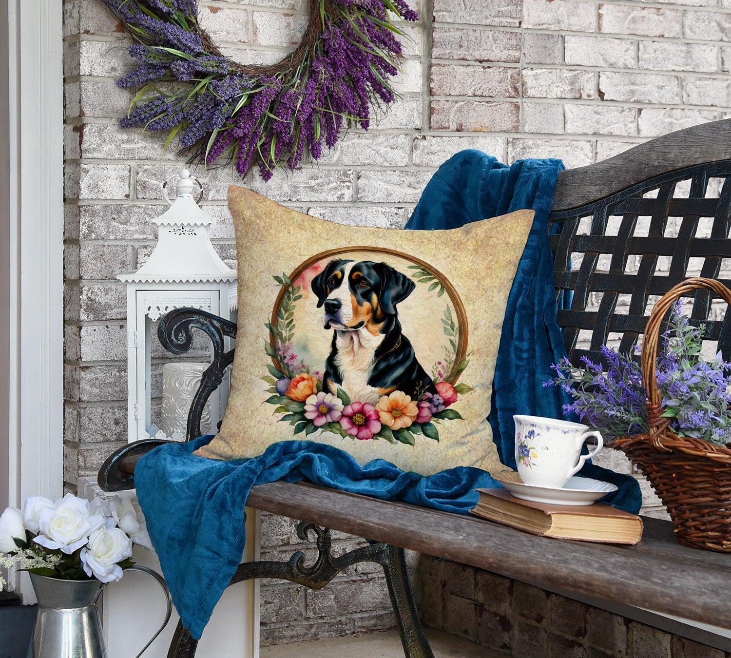 Greater Swiss Mountain Dog and Flowers Decorative Throw Pillow 18x18 Indoor Outdoor Accent Cushion, Fabric Cover with Insert for Sofa, Bed, Porch & Living Room