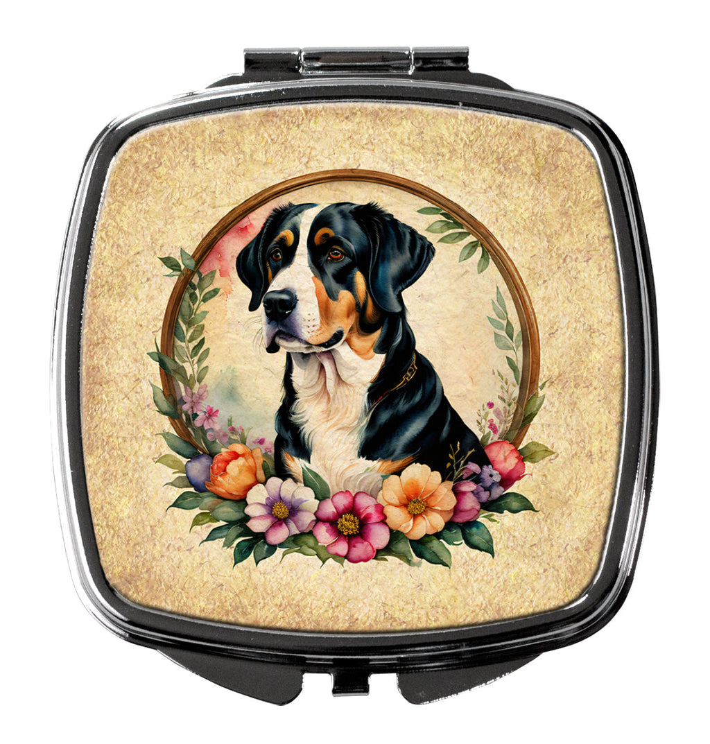 Greater Swiss Mountain Dog and Flowers Compact Mirror Decorative Travel Makeup Mirror for Women Girls Gifts Pocket Makeup Mirror Folding Handheld
