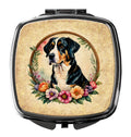 Greater Swiss Mountain Dog and Flowers Compact Mirror Decorative Travel Makeup Mirror for Women Girls Gifts Pocket Makeup Mirror Folding Handheld