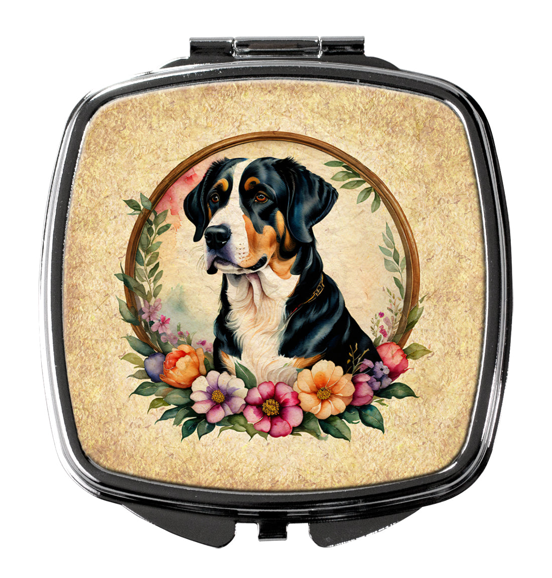 Greater Swiss Mountain Dog and Flowers Compact Mirror Decorative Travel Makeup Mirror for Women Girls Gifts Pocket Makeup Mirror Folding Handheld