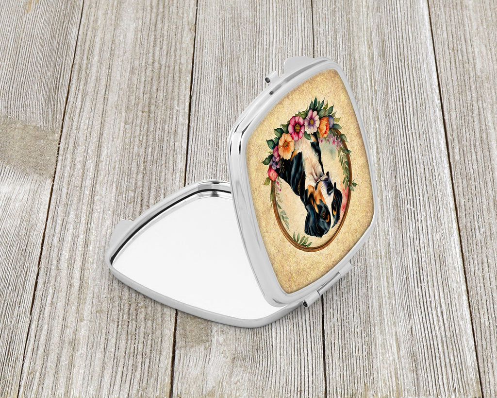 Greater Swiss Mountain Dog and Flowers Compact Mirror Decorative Travel Makeup Mirror for Women Girls Gifts Pocket Makeup Mirror Folding Handheld
