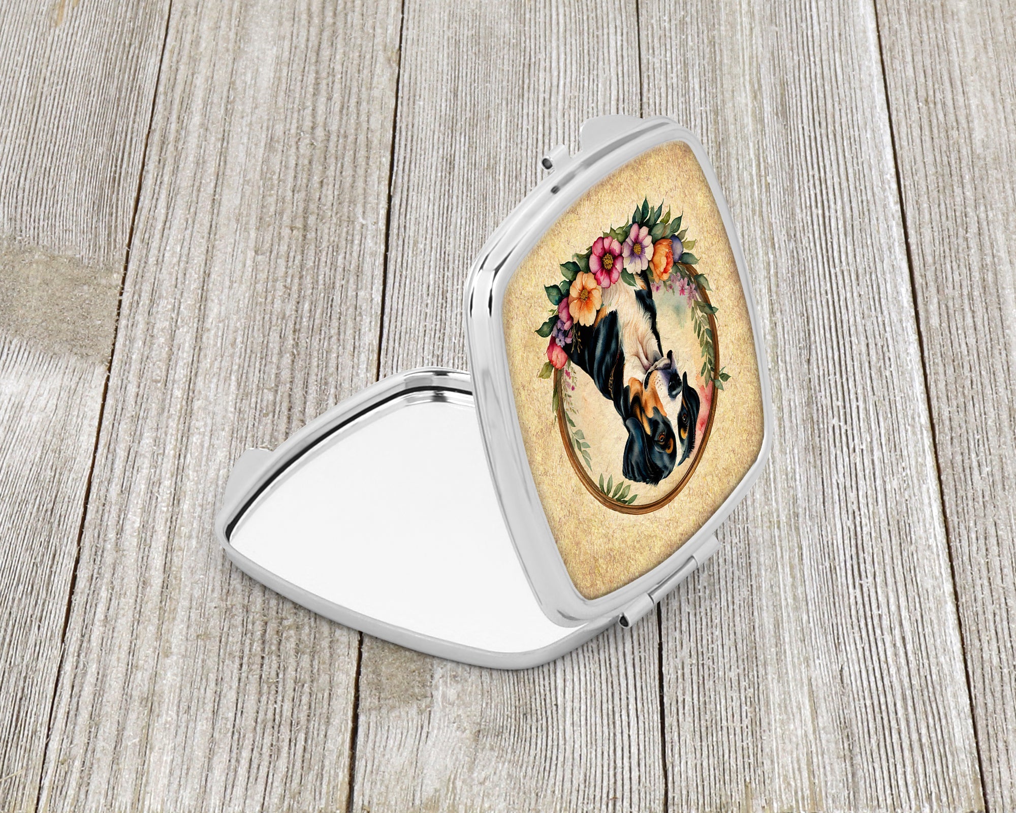 Greater Swiss Mountain Dog and Flowers Compact Mirror Decorative Travel Makeup Mirror for Women Girls Gifts Pocket Makeup Mirror Folding Handheld