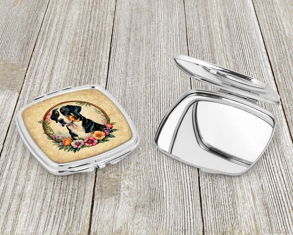 Greater Swiss Mountain Dog and Flowers Compact Mirror Decorative Travel Makeup Mirror for Women Girls Gifts Pocket Makeup Mirror Folding Handheld