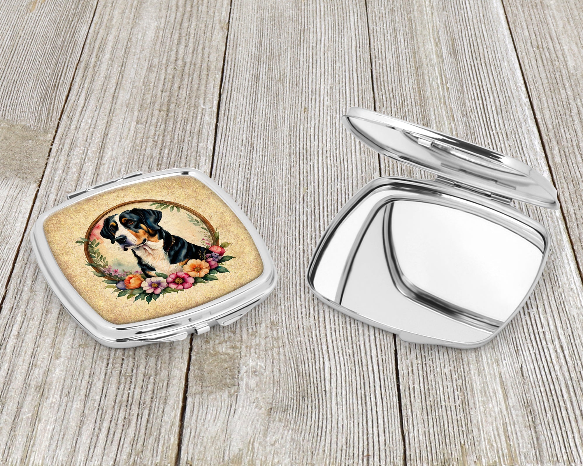 Greater Swiss Mountain Dog and Flowers Compact Mirror Decorative Travel Makeup Mirror for Women Girls Gifts Pocket Makeup Mirror Folding Handheld