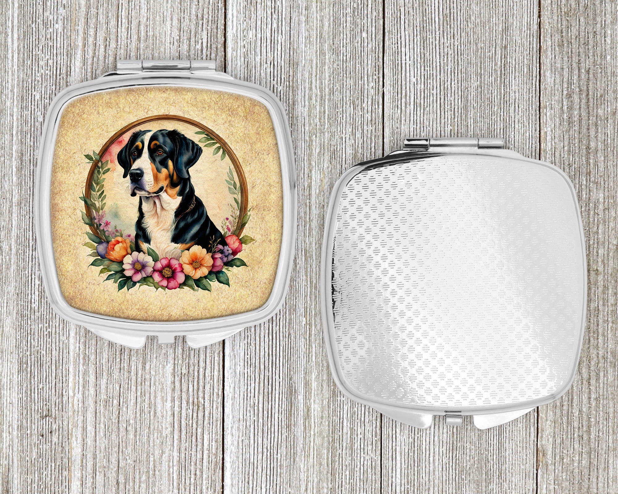 Greater Swiss Mountain Dog and Flowers Compact Mirror Decorative Travel Makeup Mirror for Women Girls Gifts Pocket Makeup Mirror Folding Handheld