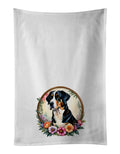 Greater Swiss Mountain Dog and Flowers Kitchen Towel Set of 2 White Dish Towels Decorative Bathroom Hand towel for Hand, Face, Hair, Yoga, Tea, Dishcloth, 19 X 28", White