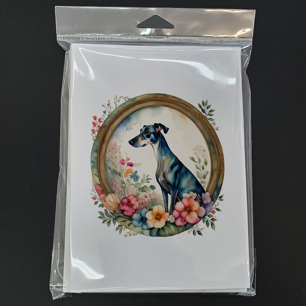 Greyhound and Flowers Greeting Cards Pack of 8 Blank Cards with Envelopes Whimsical A7 Size 5x7