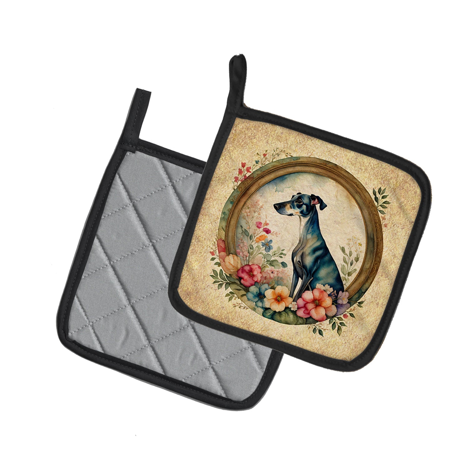 Greyhound and Flowers Pot Holder Set of 2 Heat Resistant Quilted Hot Pads 7.5 x 7.5 Inch, Insulated Kitchen Trivets for Cooking & Baking