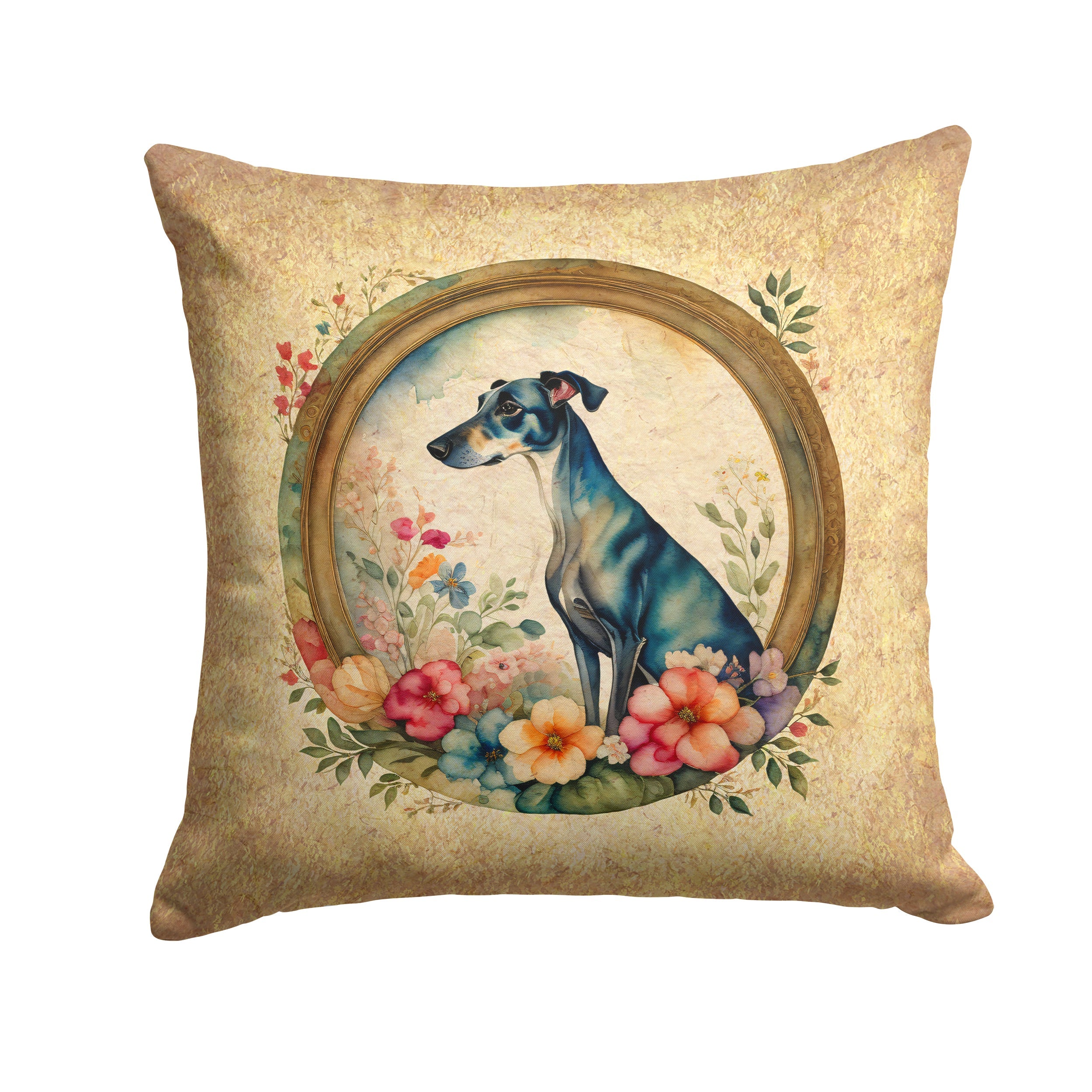 Greyhound and Flowers Decorative Throw Pillow 14x14 Indoor Outdoor Accent Cushion, Fabric Cover with Insert for Sofa, Bed, Porch & Living Room