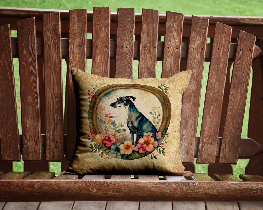 Greyhound and Flowers Decorative Throw Pillow 14x14 Indoor Outdoor Accent Cushion, Fabric Cover with Insert for Sofa, Bed, Porch & Living Room