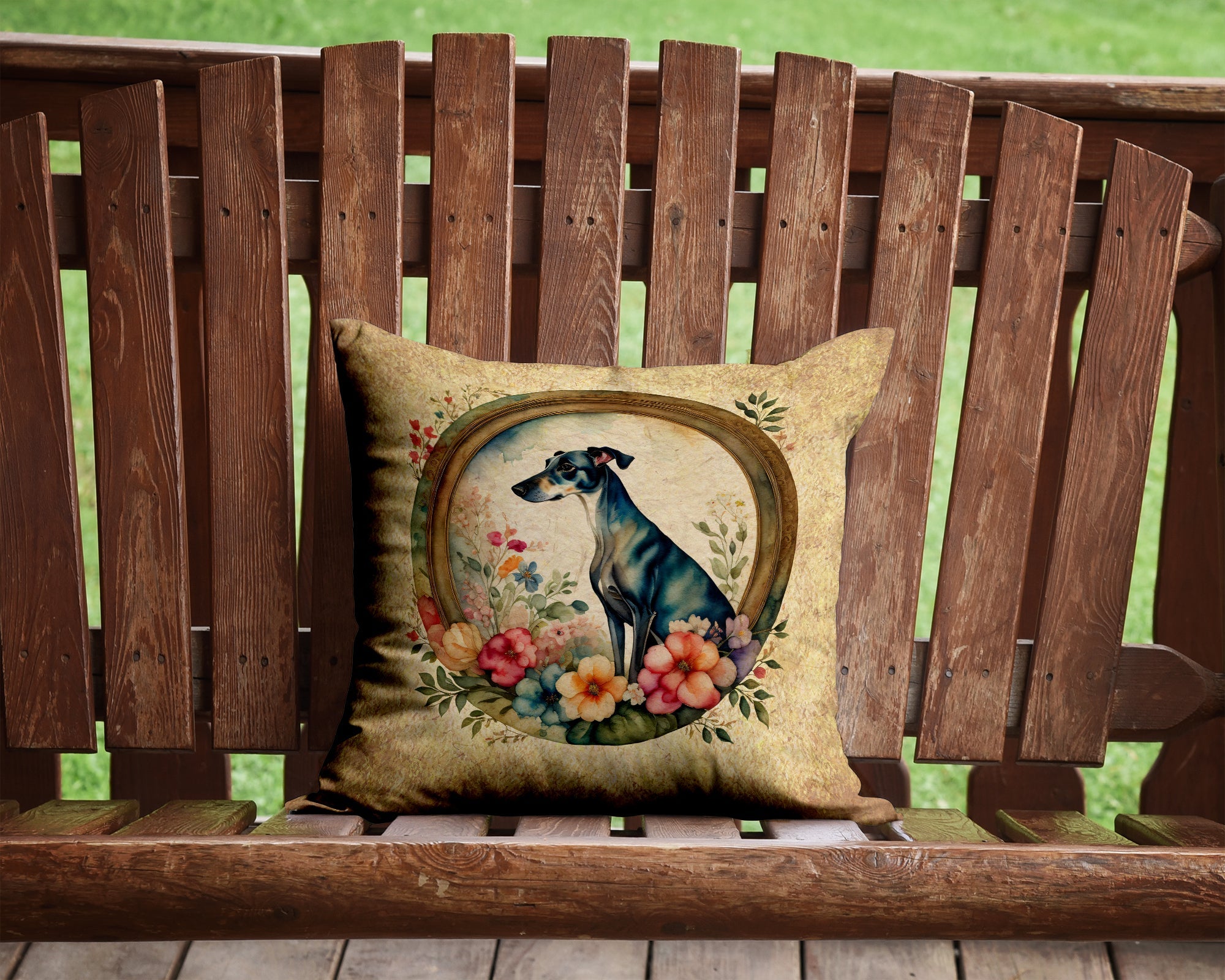 Greyhound and Flowers Decorative Throw Pillow 14x14 Indoor Outdoor Accent Cushion, Fabric Cover with Insert for Sofa, Bed, Porch & Living Room