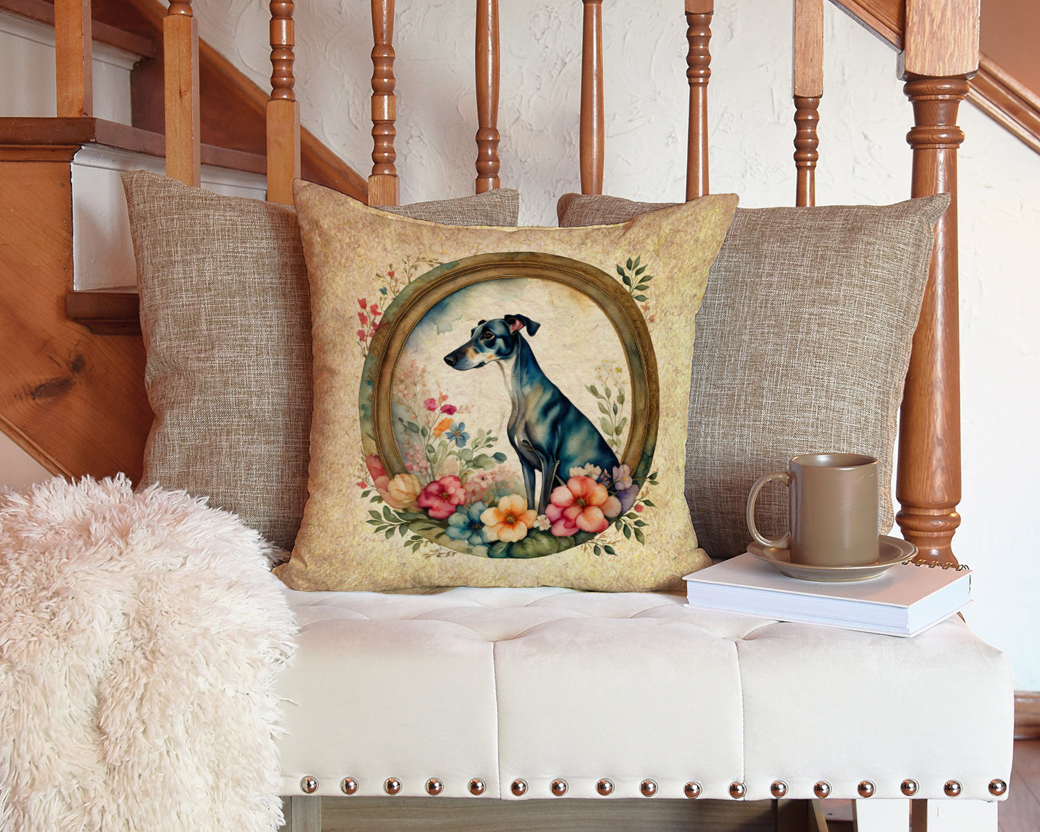 Greyhound and Flowers Decorative Throw Pillow 14x14 Indoor Outdoor Accent Cushion, Fabric Cover with Insert for Sofa, Bed, Porch & Living Room