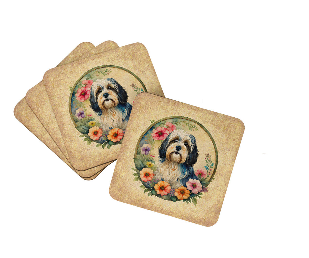 Havanese and Flowers Foam Coasters Set of 4 Cup Coasters for Indoor Outdoor, Tabletop Protection, Anti Slip, Mouse pad Material