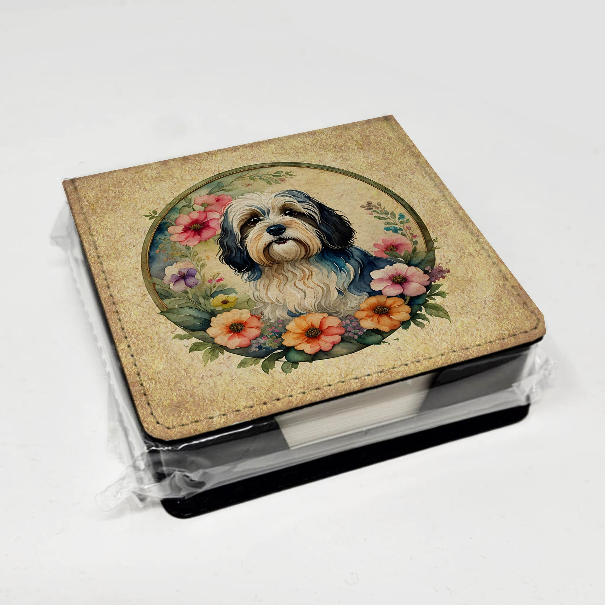 Havanese and Flowers PU Leather Note Paper Holder with Artist-Designed Cover, Desk Accessory, Office Gift