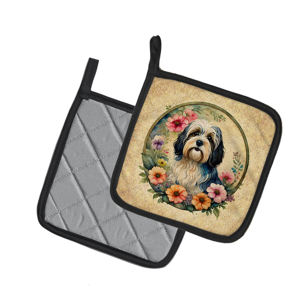Havanese and Flowers Pot Holder Set of 2 Heat Resistant Quilted Hot Pads 7.5 x 7.5 Inch, Insulated Kitchen Trivets for Cooking & Baking