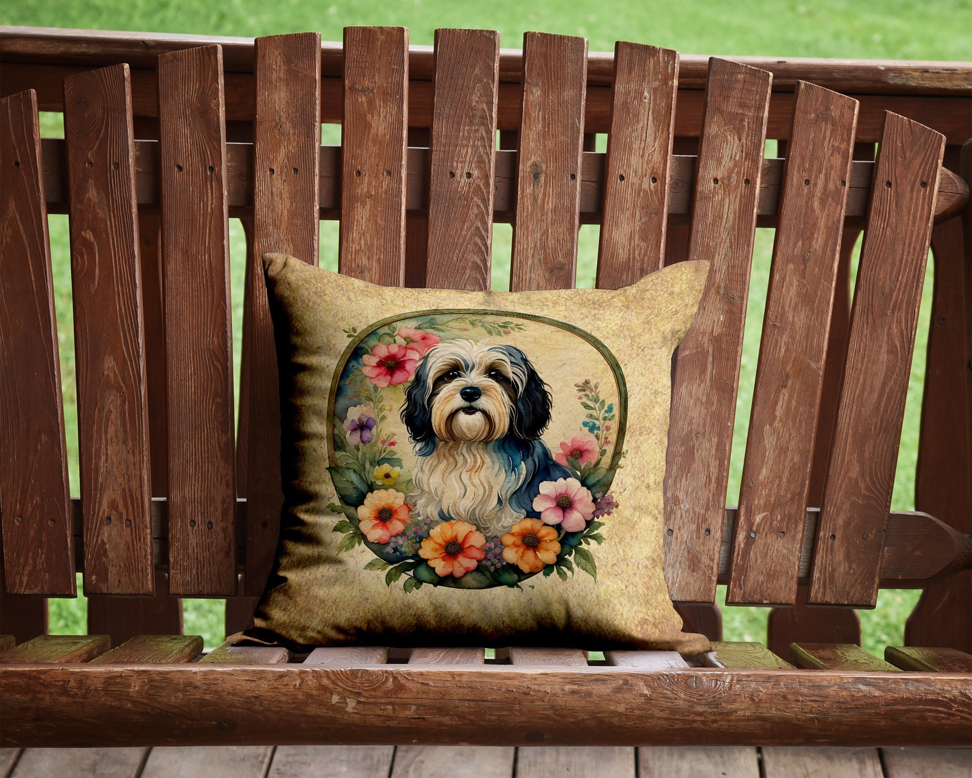 Havanese and Flowers Decorative Throw Pillow 14x14 Indoor Outdoor Accent Cushion, Fabric Cover with Insert for Sofa, Bed, Porch & Living Room