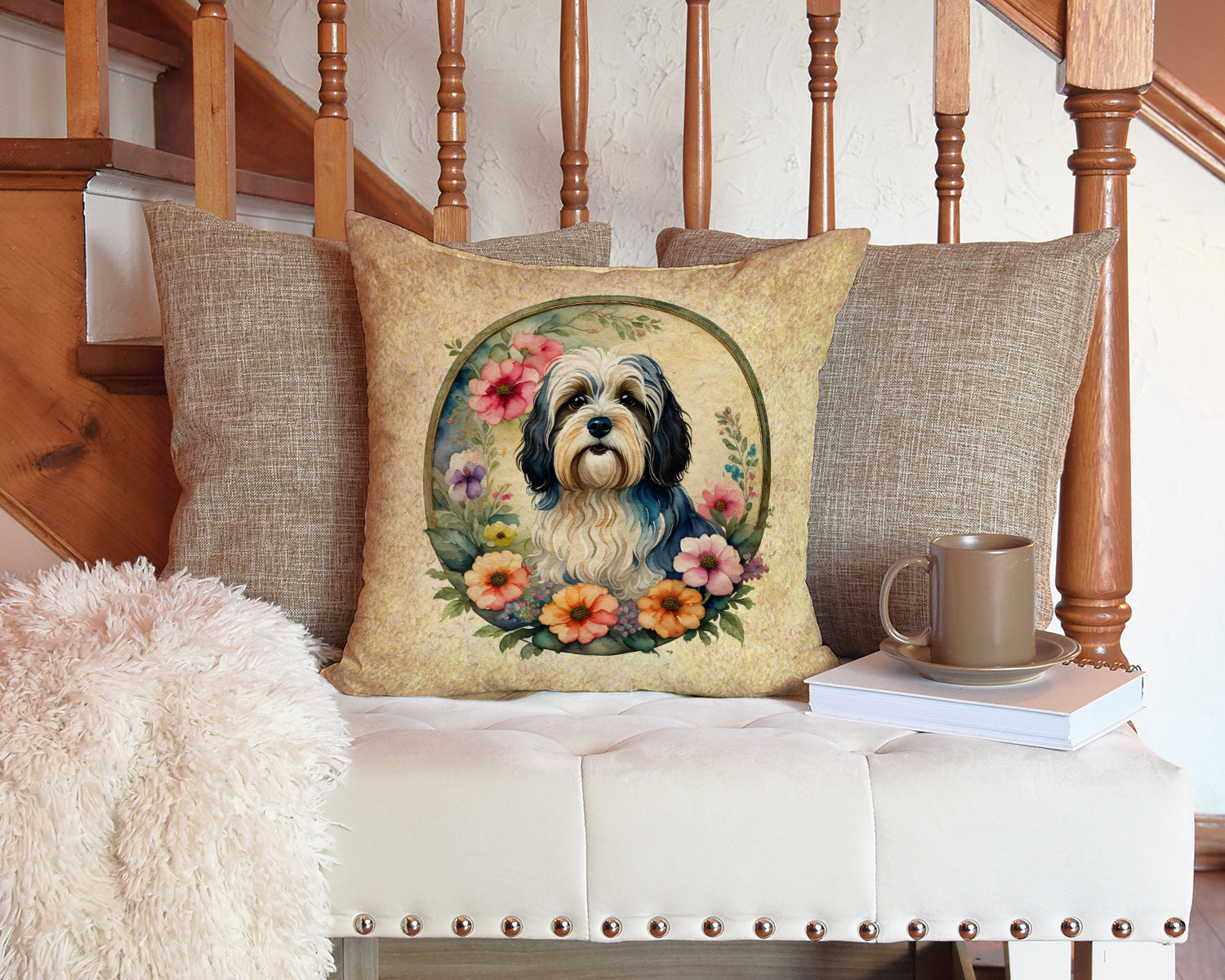 Havanese and Flowers Decorative Throw Pillow 14x14 Indoor Outdoor Accent Cushion, Fabric Cover with Insert for Sofa, Bed, Porch & Living Room