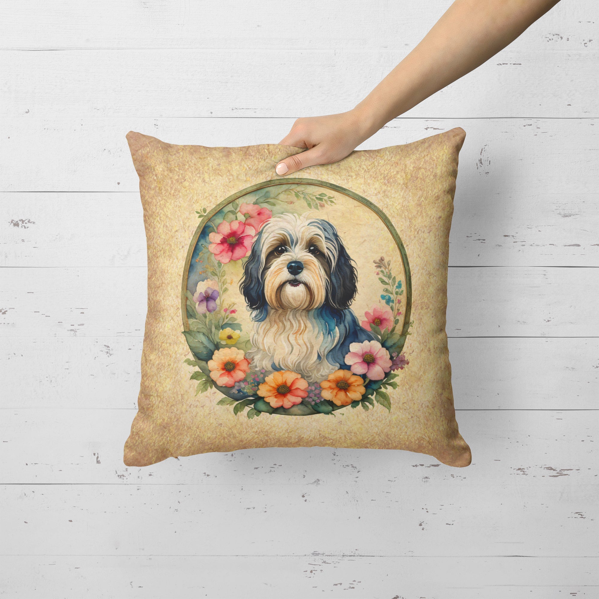 Havanese and Flowers Decorative Throw Pillow 18x18 Indoor Outdoor Accent Cushion, Fabric Cover with Insert for Sofa, Bed, Porch & Living Room