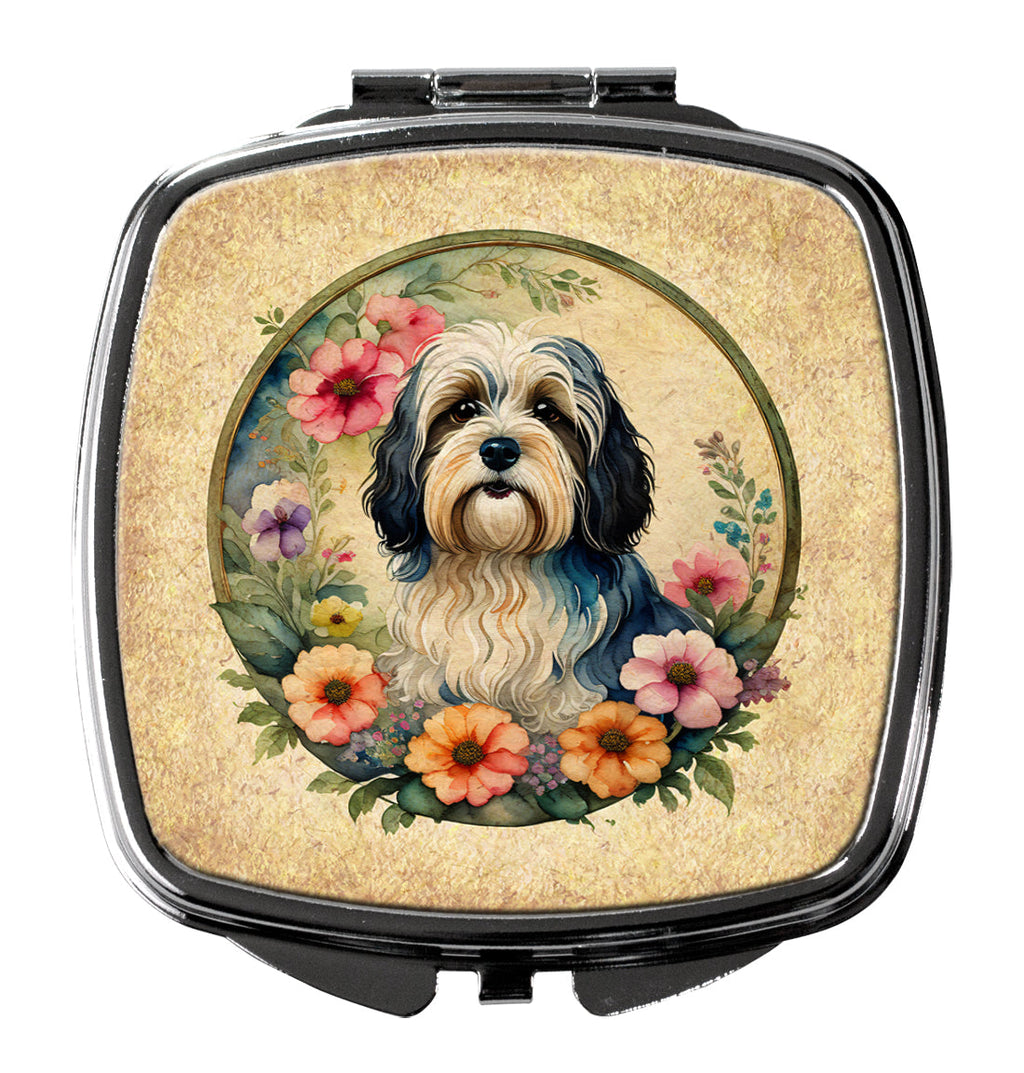 Havanese and Flowers Compact Mirror Decorative Travel Makeup Mirror for Women Girls Gifts Pocket Makeup Mirror Folding Handheld
