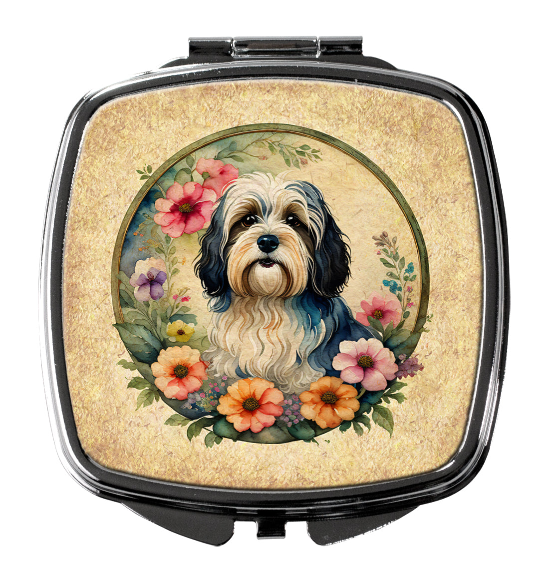 Havanese and Flowers Compact Mirror Decorative Travel Makeup Mirror for Women Girls Gifts Pocket Makeup Mirror Folding Handheld