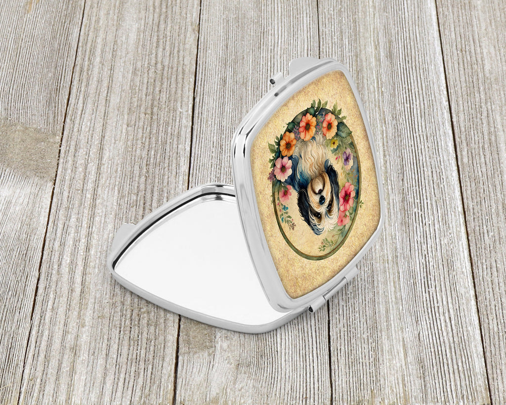Havanese and Flowers Compact Mirror Decorative Travel Makeup Mirror for Women Girls Gifts Pocket Makeup Mirror Folding Handheld