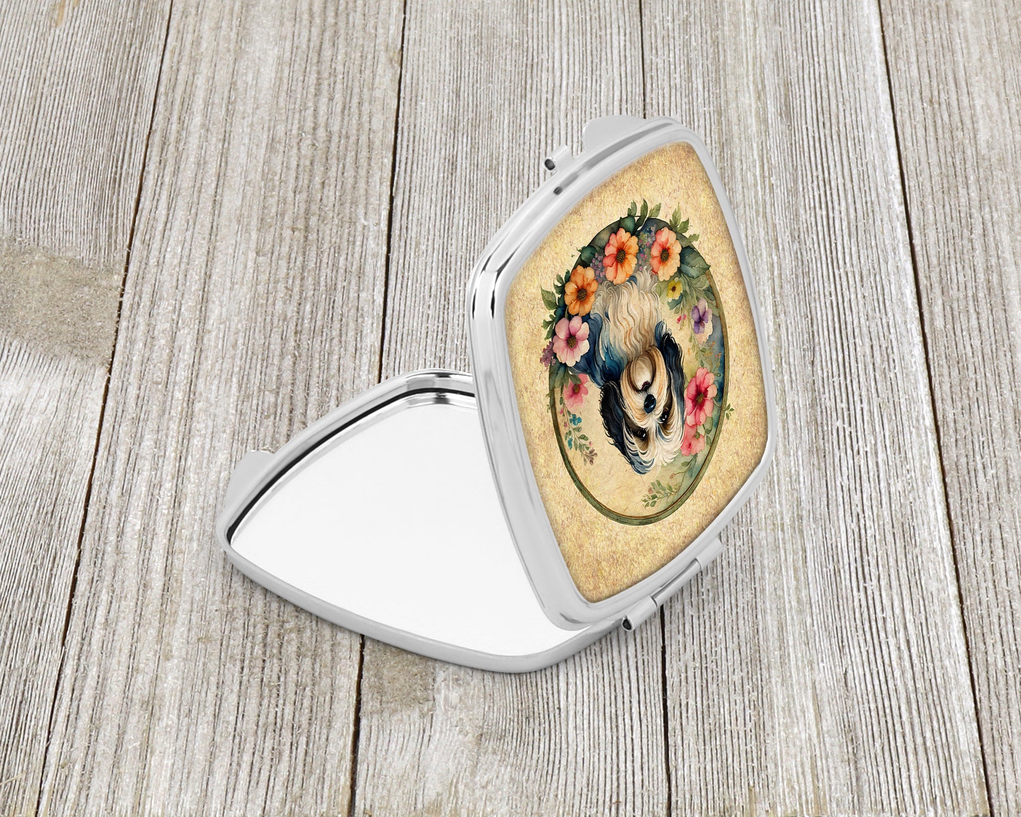 Havanese and Flowers Compact Mirror Decorative Travel Makeup Mirror for Women Girls Gifts Pocket Makeup Mirror Folding Handheld