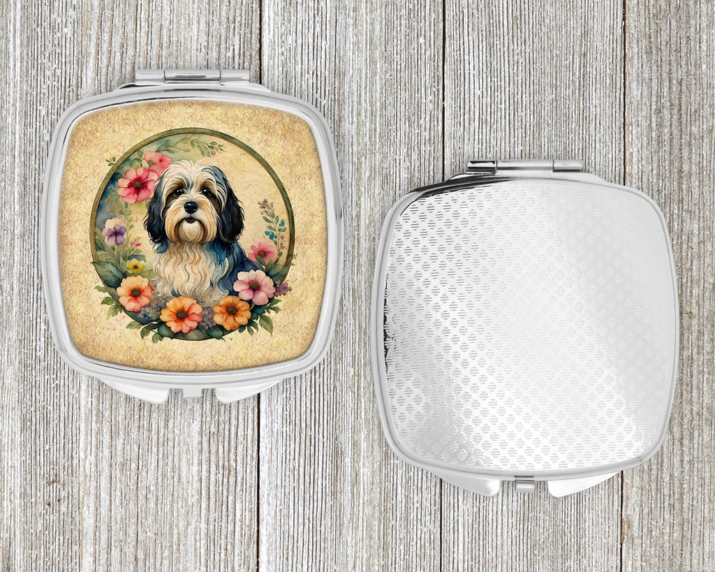 Havanese and Flowers Compact Mirror Decorative Travel Makeup Mirror for Women Girls Gifts Pocket Makeup Mirror Folding Handheld