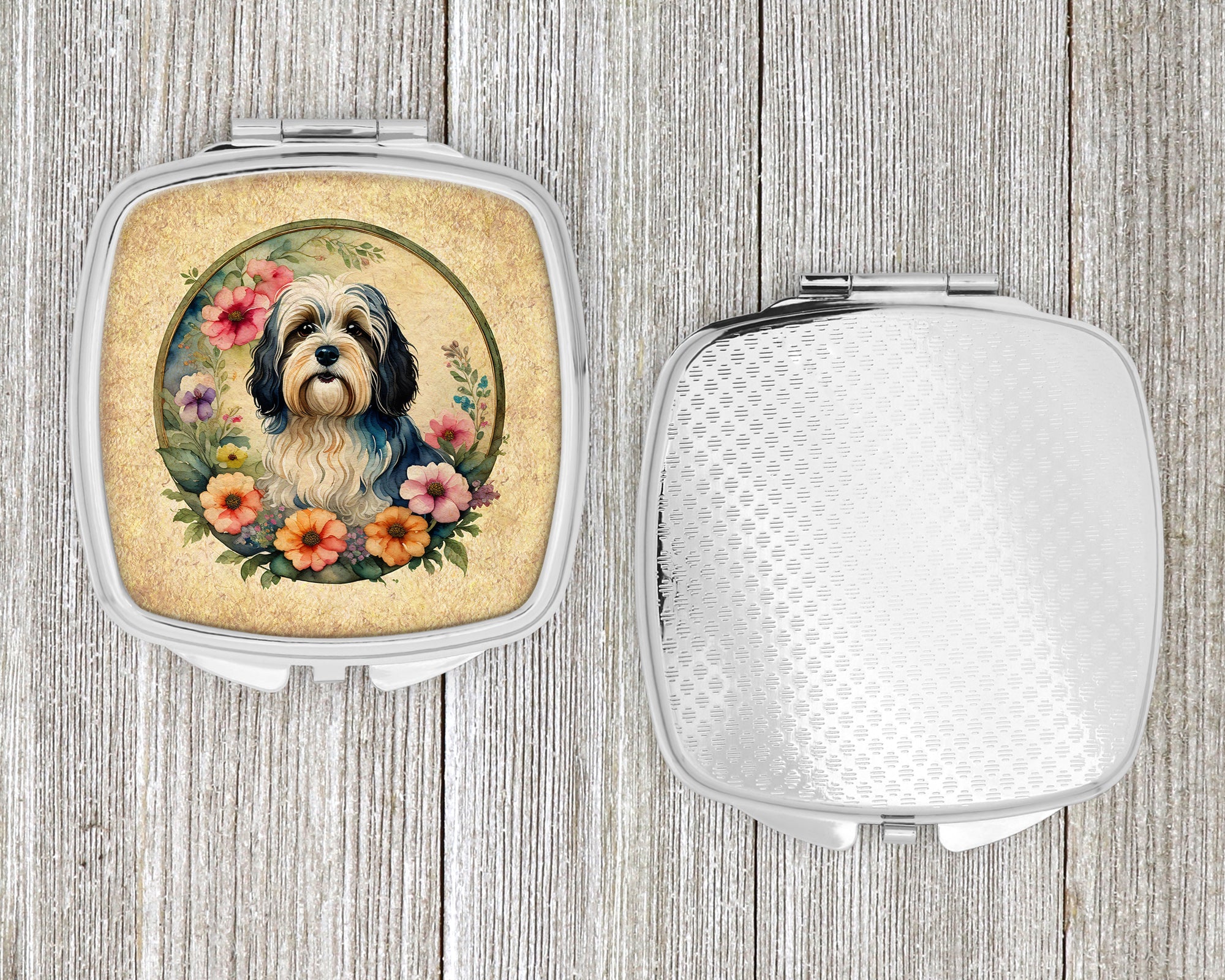 Havanese and Flowers Compact Mirror Decorative Travel Makeup Mirror for Women Girls Gifts Pocket Makeup Mirror Folding Handheld