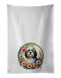 Havanese and Flowers Kitchen Towel Set of 2 White Dish Towels Decorative Bathroom Hand towel for Hand, Face, Hair, Yoga, Tea, Dishcloth, 19 X 28", White