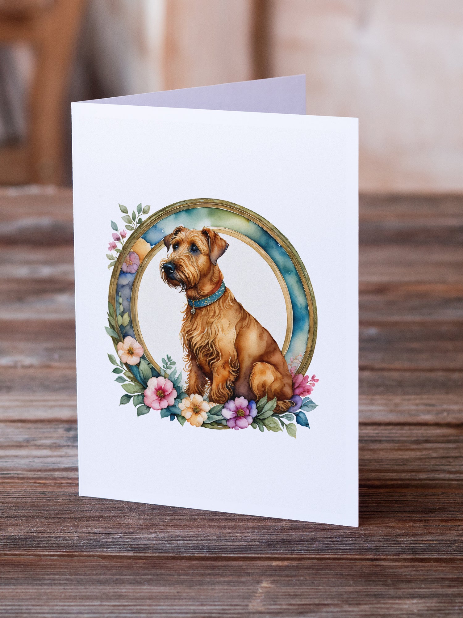 Irish Terrier and Flowers Greeting Cards Pack of 8 Blank Cards with Envelopes Whimsical A7 Size 5x7