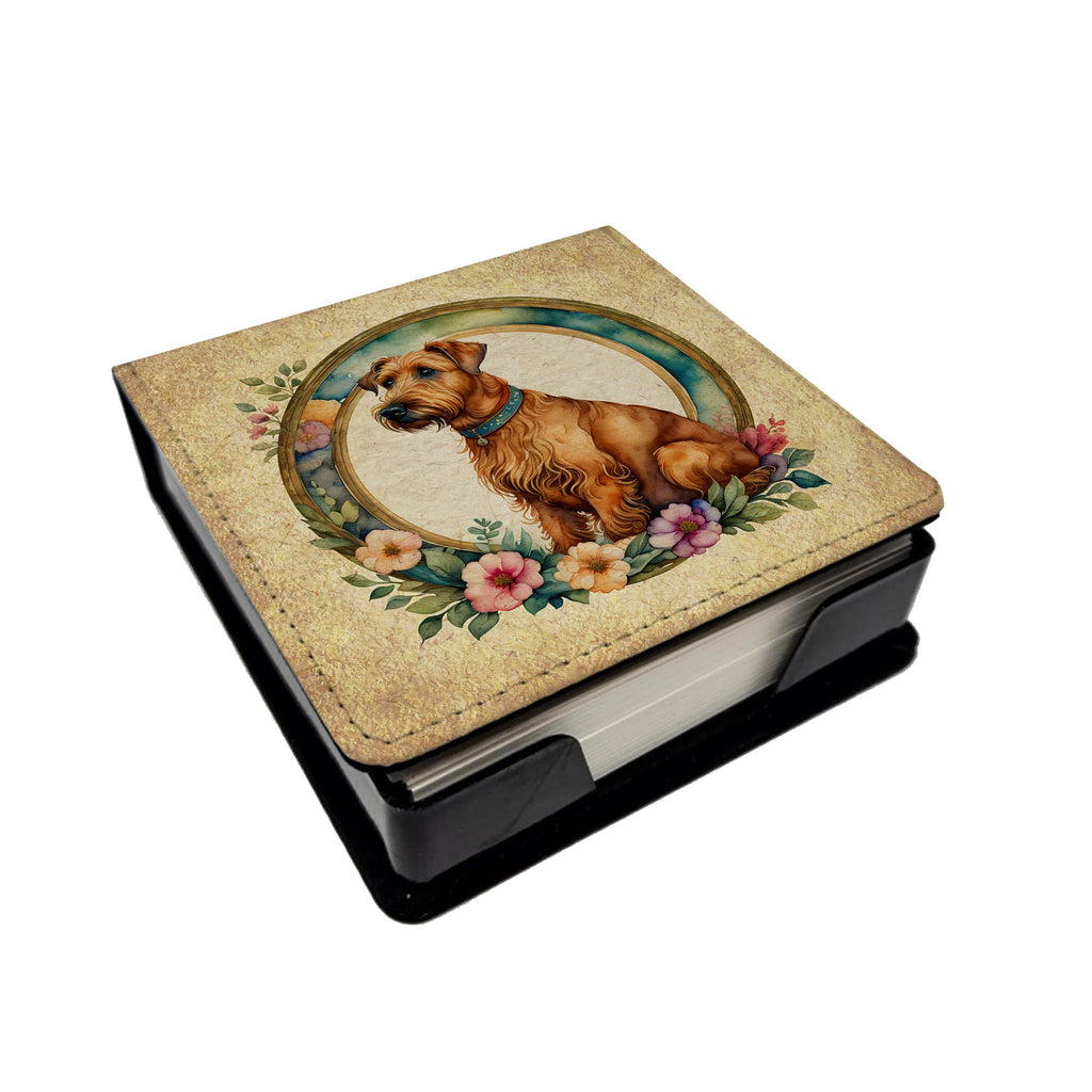 Irish Terrier and Flowers PU Leather Note Paper Holder with Artist-Designed Cover, Desk Accessory, Office Gift