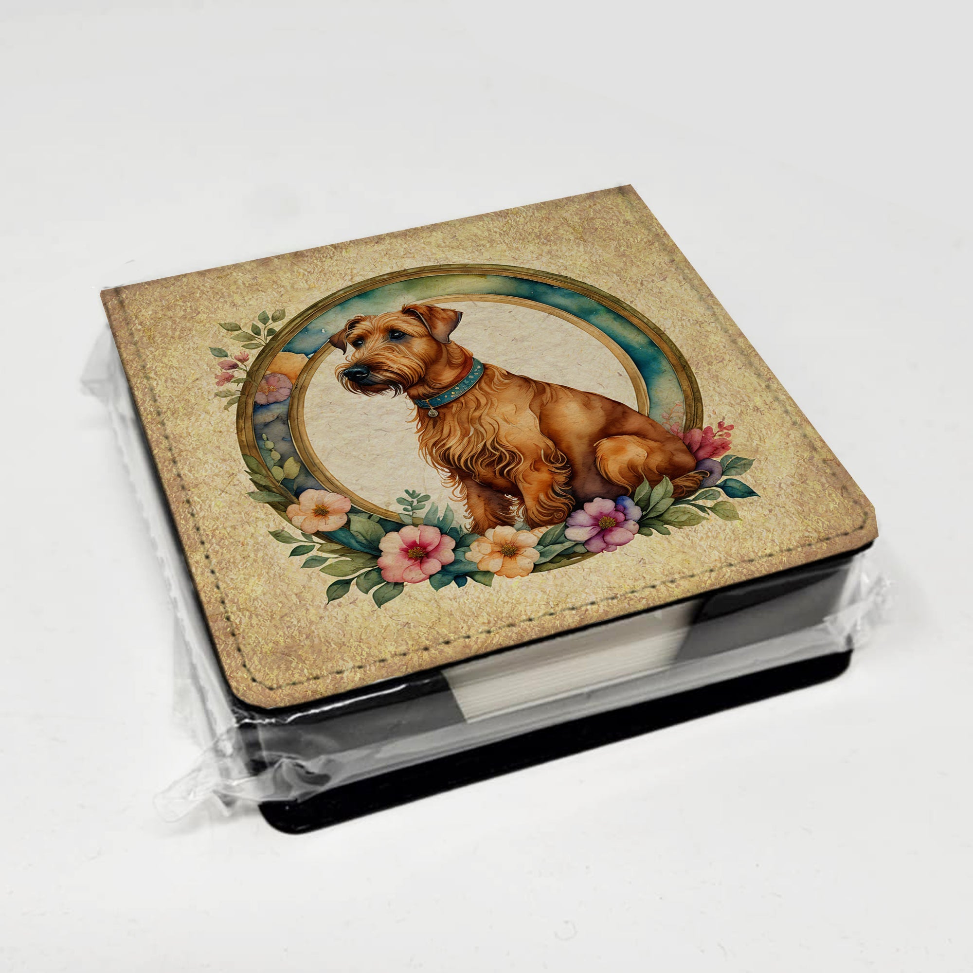 Irish Terrier and Flowers PU Leather Note Paper Holder with Artist-Designed Cover, Desk Accessory, Office Gift