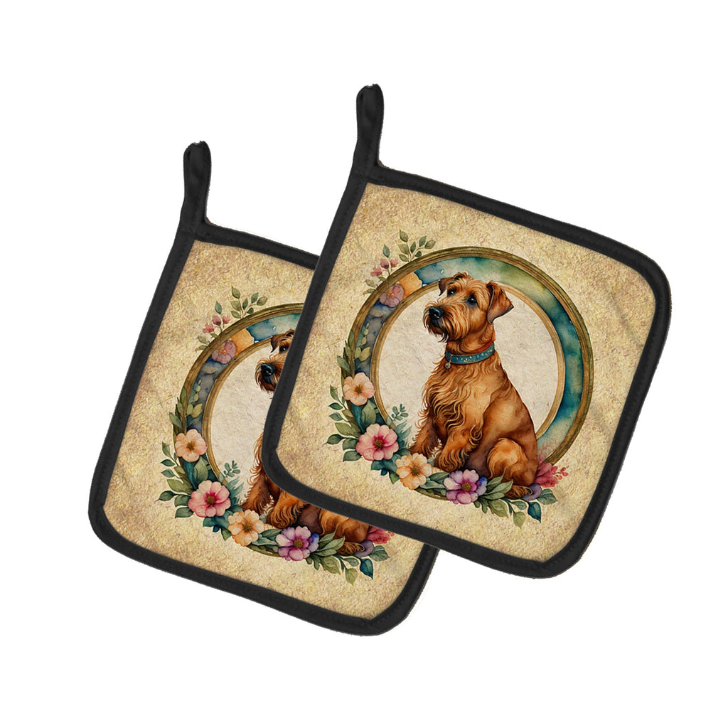 Irish Terrier and Flowers Pot Holder Set of 2 Heat Resistant Quilted Hot Pads 7.5 x 7.5 Inch, Insulated Kitchen Trivets for Cooking & Baking