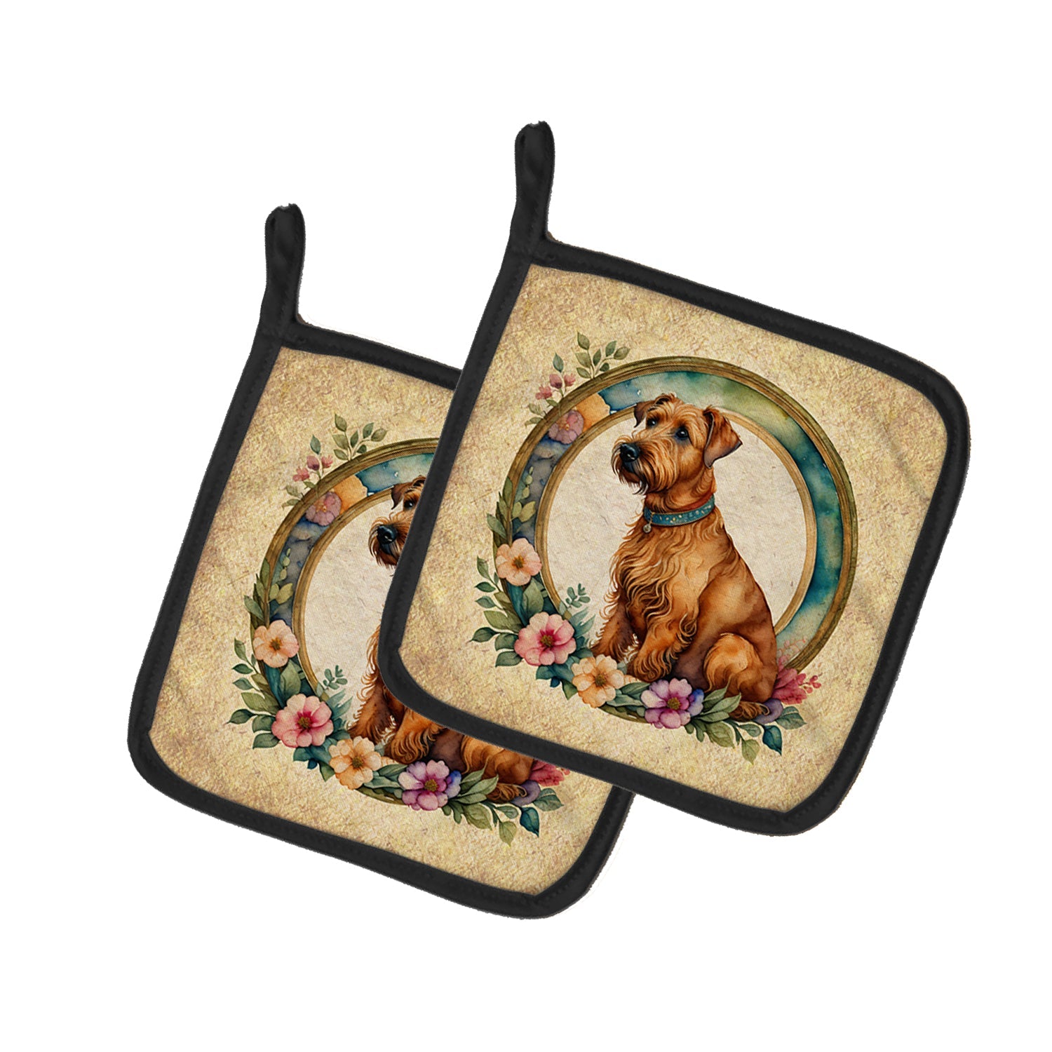 Irish Terrier and Flowers Pot Holder Set of 2 Heat Resistant Quilted Hot Pads 7.5 x 7.5 Inch, Insulated Kitchen Trivets for Cooking & Baking