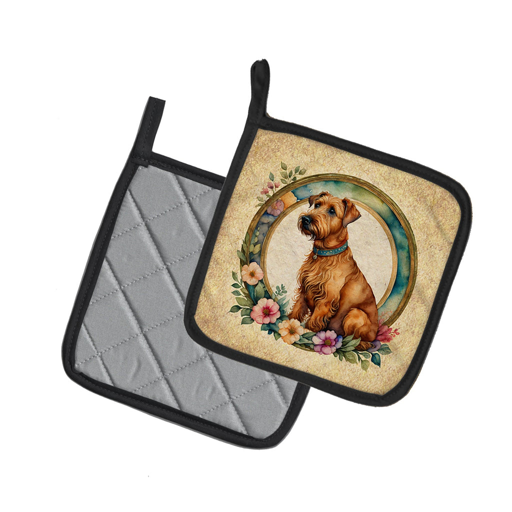 Irish Terrier and Flowers Pot Holder Set of 2 Heat Resistant Quilted Hot Pads 7.5 x 7.5 Inch, Insulated Kitchen Trivets for Cooking & Baking