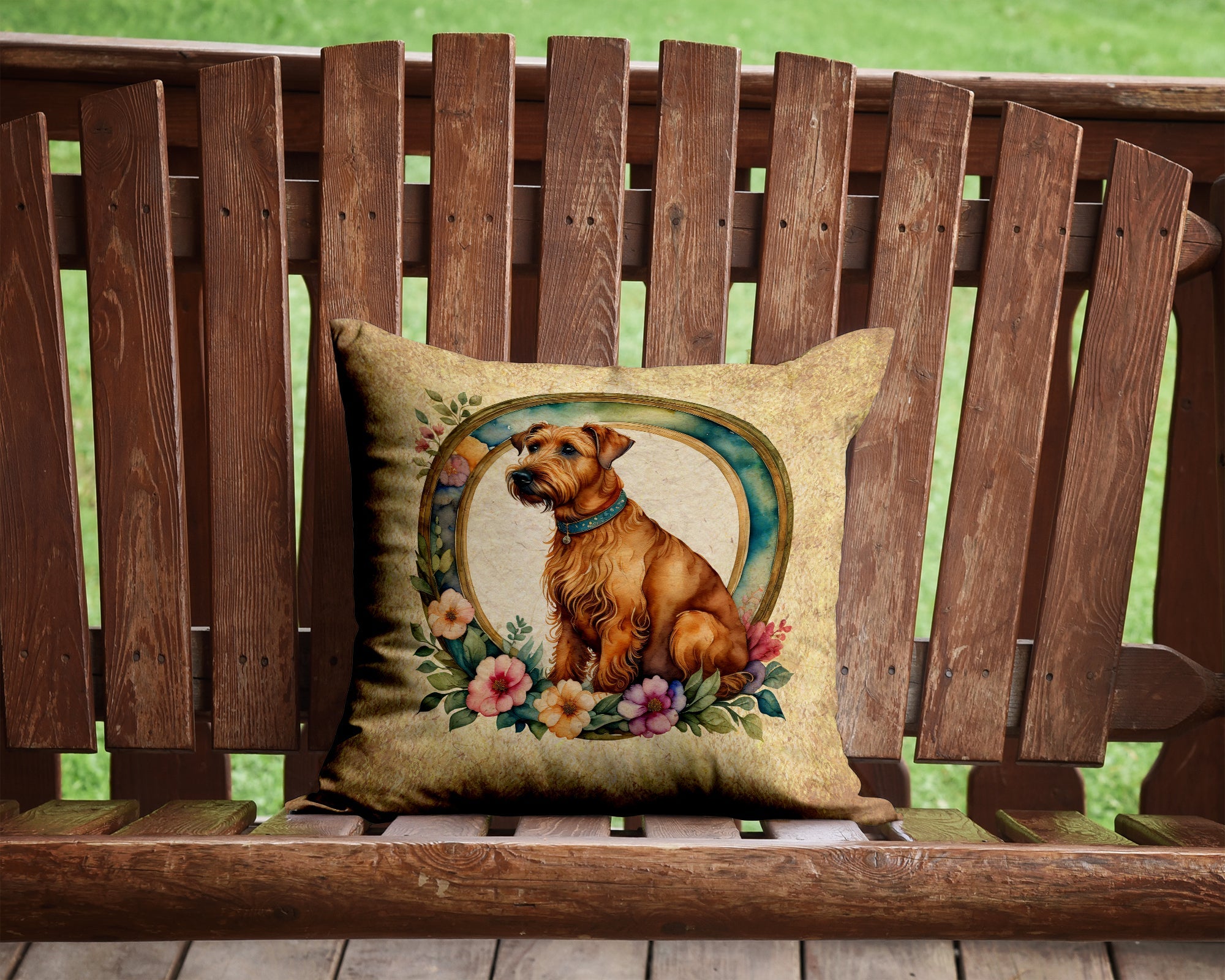 Irish Terrier and Flowers Decorative Throw Pillow 14x14 Indoor Outdoor Accent Cushion, Fabric Cover with Insert for Sofa, Bed, Porch & Living Room