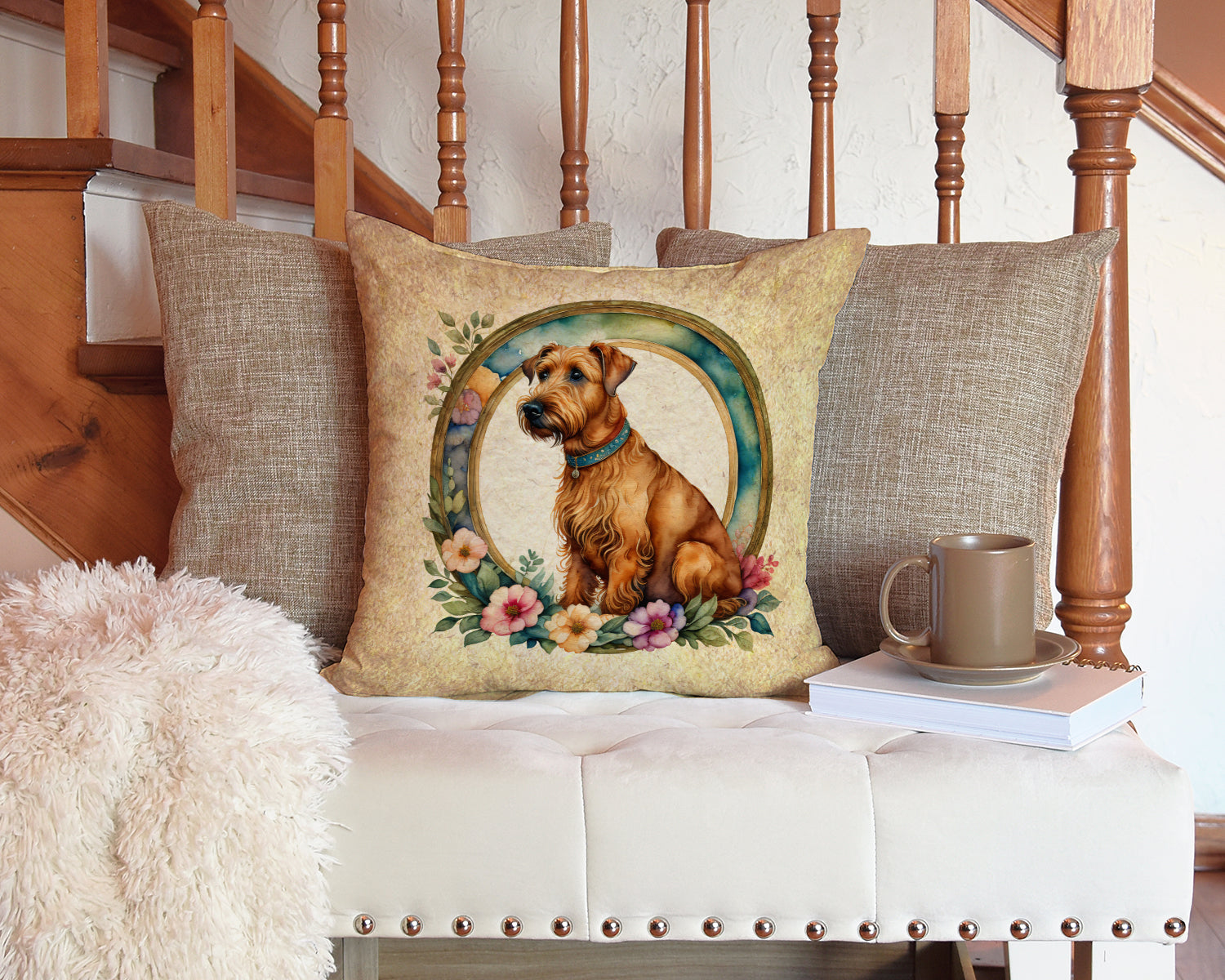 Irish Terrier and Flowers Decorative Throw Pillow 14x14 Indoor Outdoor Accent Cushion, Fabric Cover with Insert for Sofa, Bed, Porch & Living Room