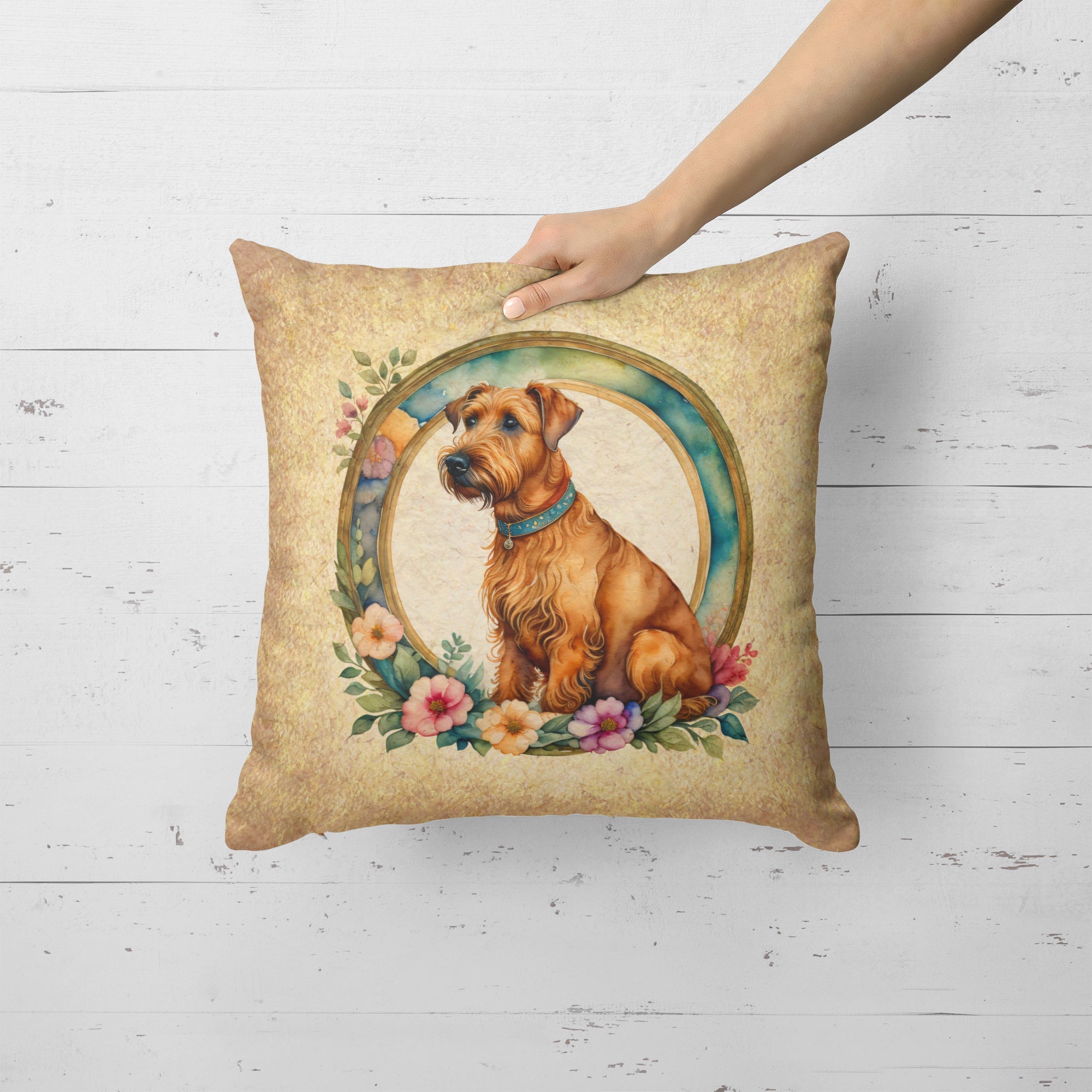 Irish Terrier and Flowers Decorative Throw Pillow 18x18 Indoor Outdoor Accent Cushion, Fabric Cover with Insert for Sofa, Bed, Porch & Living Room