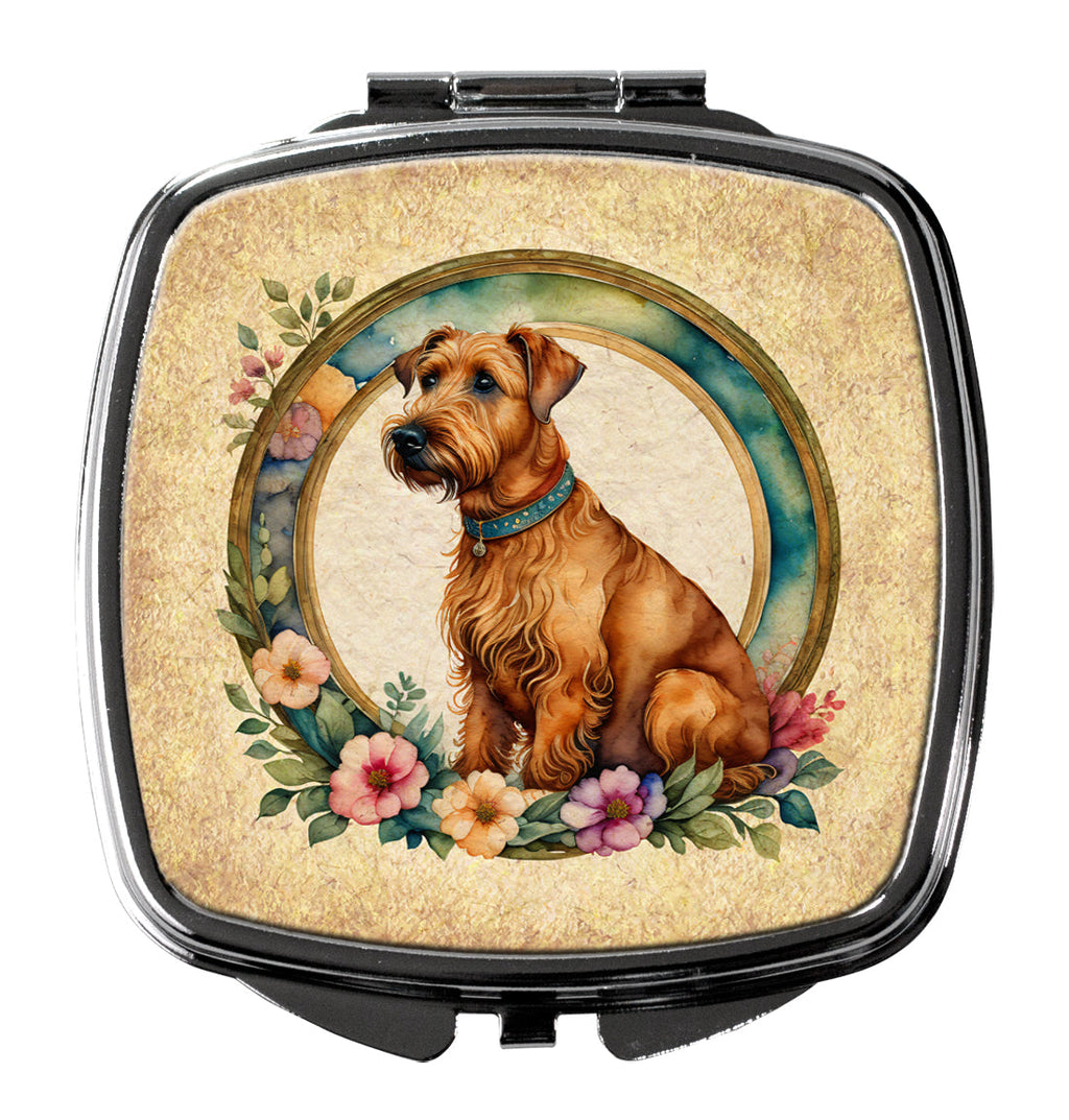 Irish Terrier and Flowers Compact Mirror Decorative Travel Makeup Mirror for Women Girls Gifts Pocket Makeup Mirror Folding Handheld