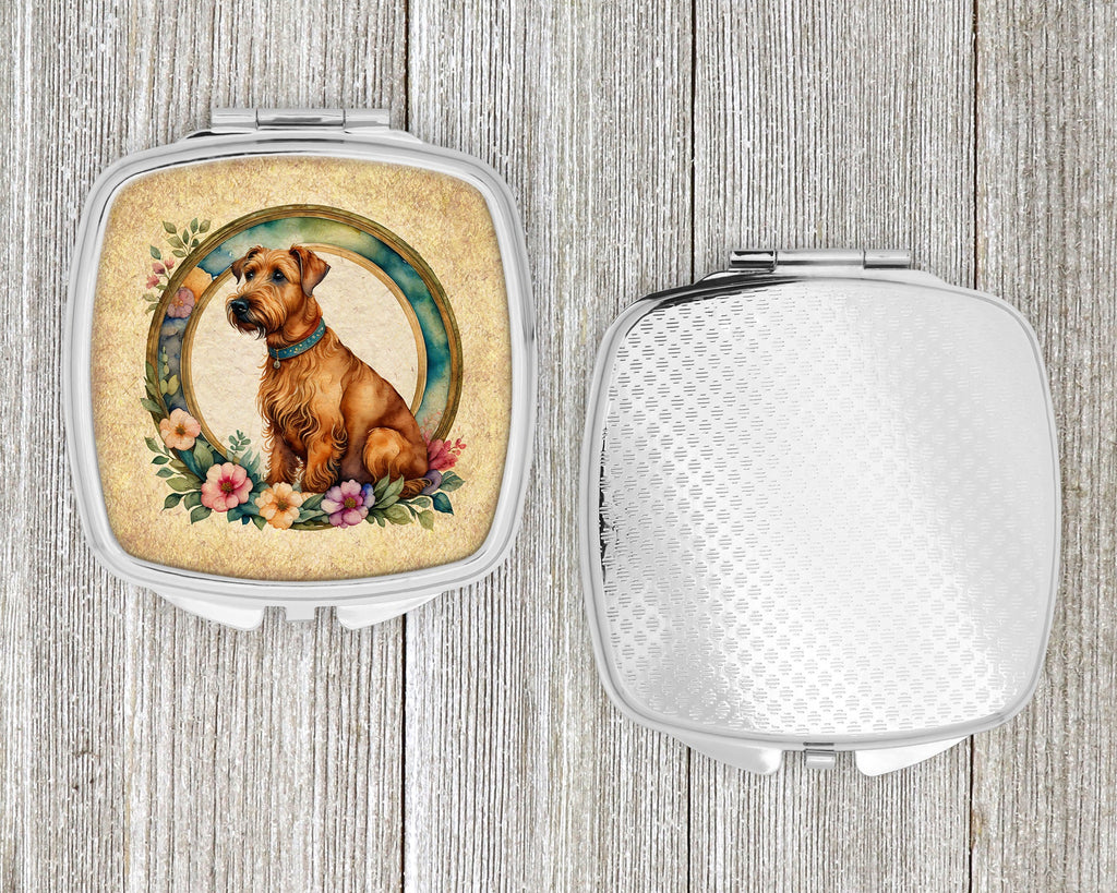 Irish Terrier and Flowers Compact Mirror Decorative Travel Makeup Mirror for Women Girls Gifts Pocket Makeup Mirror Folding Handheld