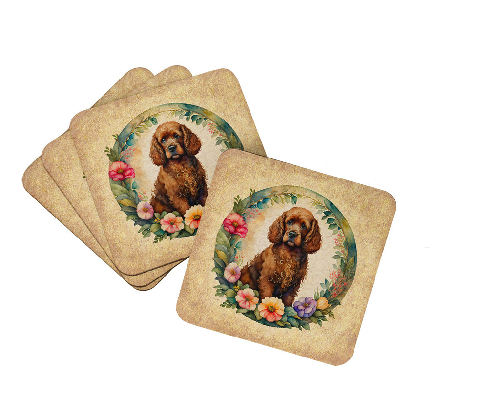 Irish Water Spaniel and Flowers Foam Coasters Set of 4 Cup Coasters for Indoor Outdoor, Tabletop Protection, Anti Slip, Mouse pad Material