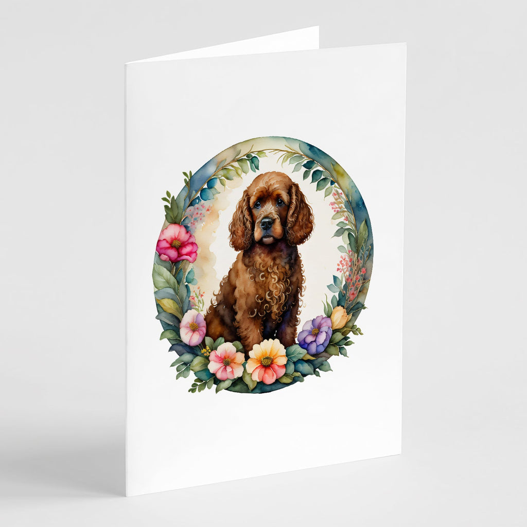 Irish Water Spaniel and Flowers Greeting Cards Pack of 8 Blank Cards with Envelopes Whimsical A7 Size 5x7