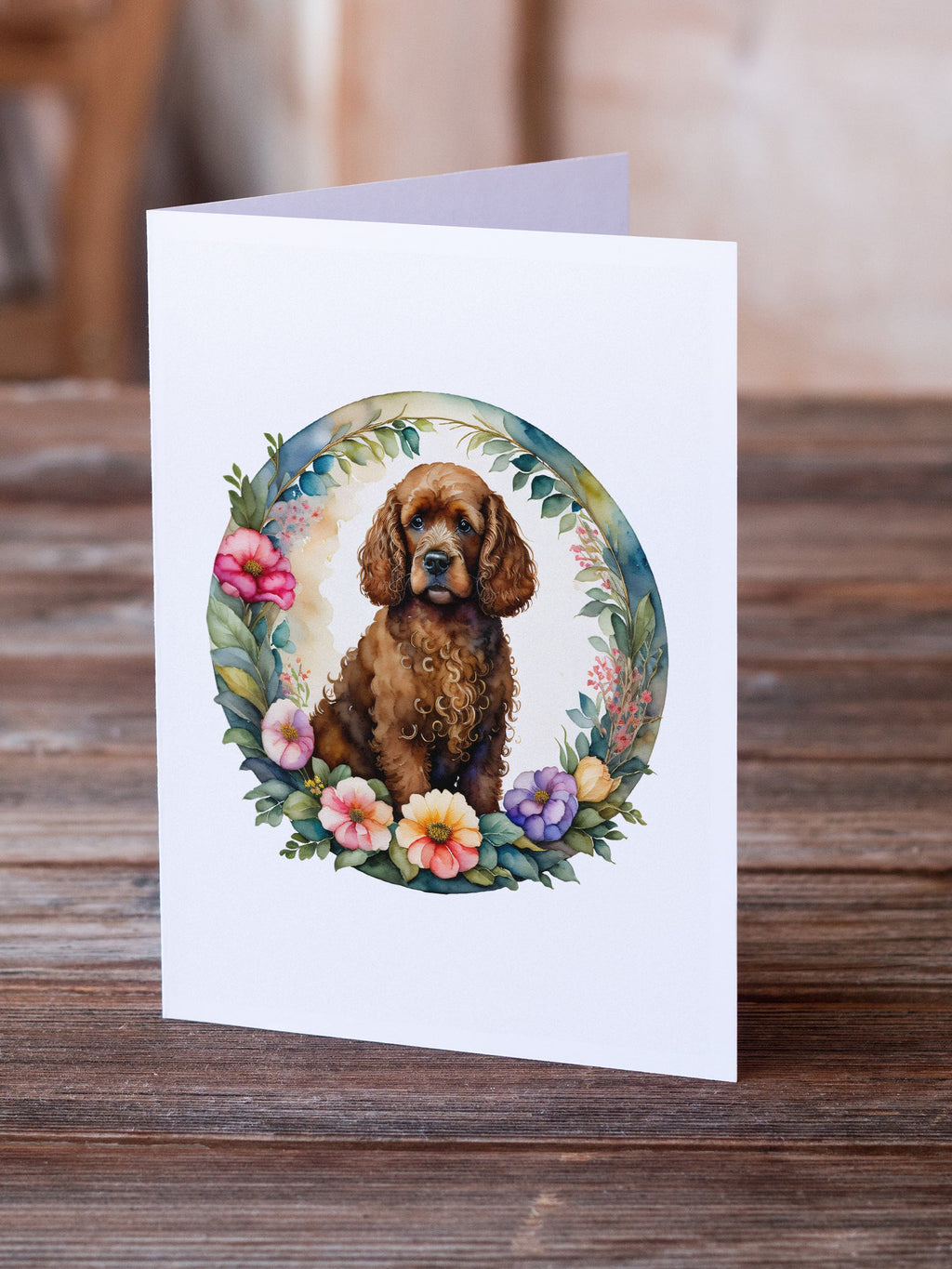 Irish Water Spaniel and Flowers Greeting Cards Pack of 8 Blank Cards with Envelopes Whimsical A7 Size 5x7