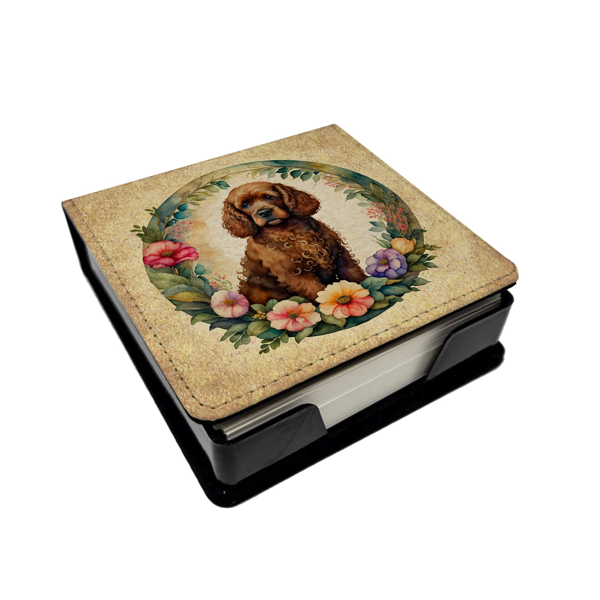 Irish Water Spaniel and Flowers PU Leather Note Paper Holder with Artist-Designed Cover, Desk Accessory, Office Gift