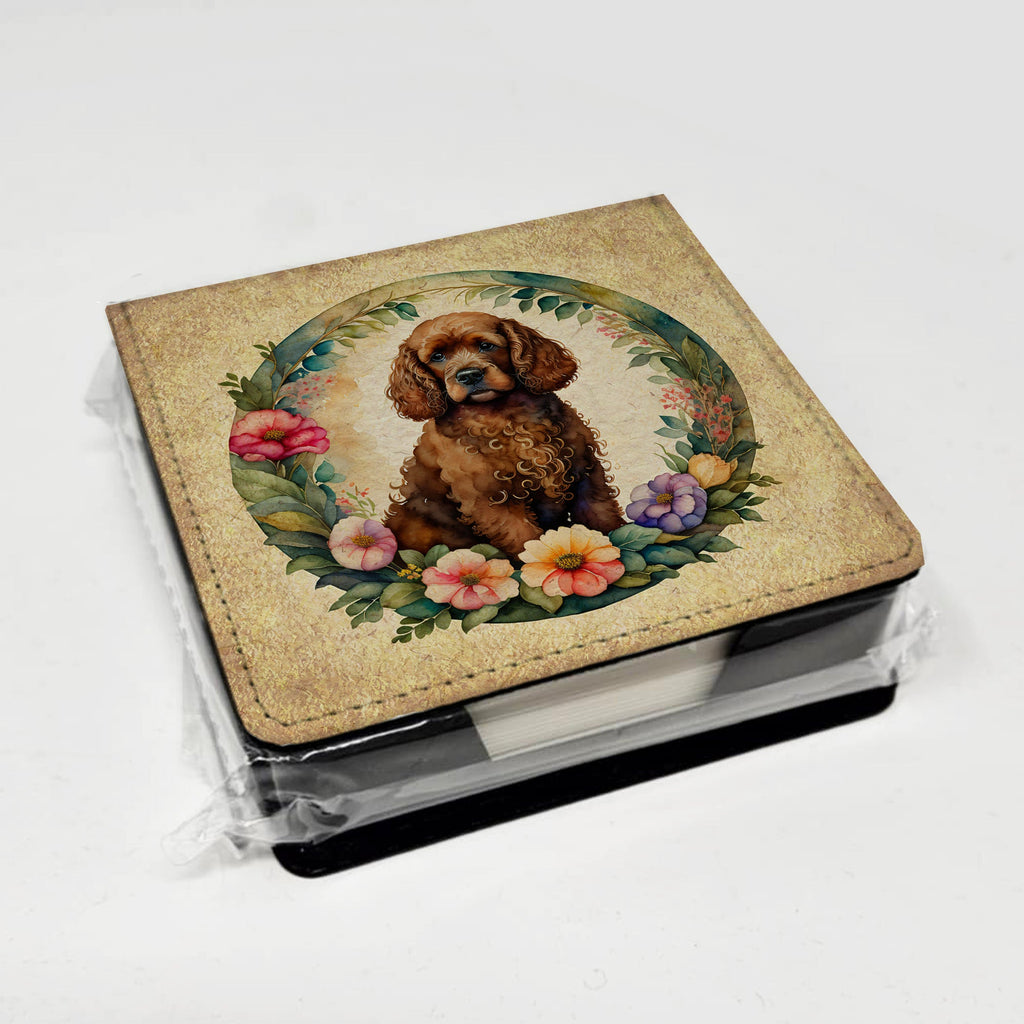 Irish Water Spaniel and Flowers PU Leather Note Paper Holder with Artist-Designed Cover, Desk Accessory, Office Gift