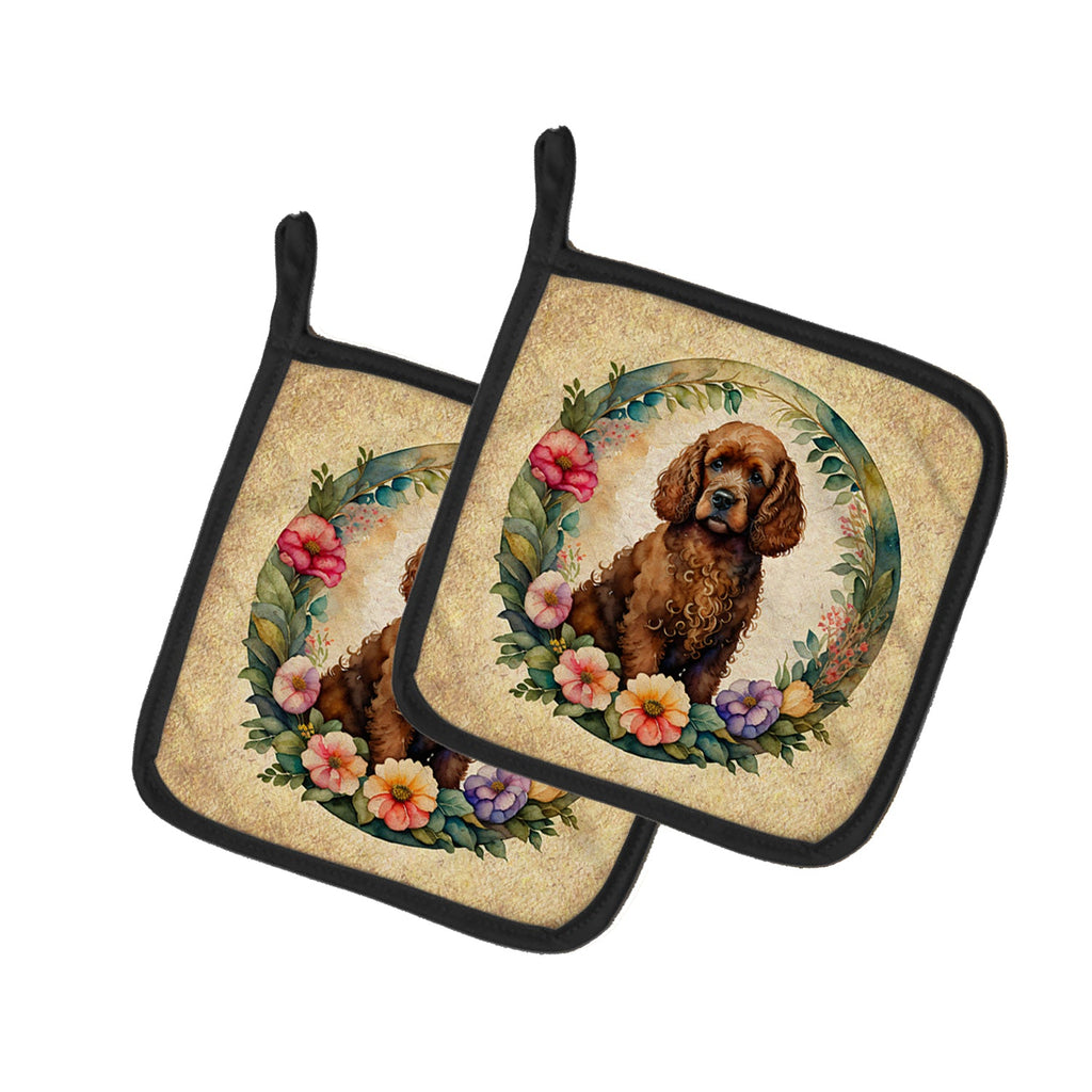 Irish Water Spaniel and Flowers Pot Holder Set of 2 Heat Resistant Quilted Hot Pads 7.5 x 7.5 Inch, Insulated Kitchen Trivets for Cooking & Baking
